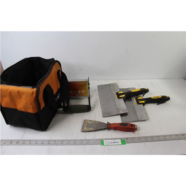Wooden Handle Wrench, (3) Mud Drywall Knives, Tool Bag