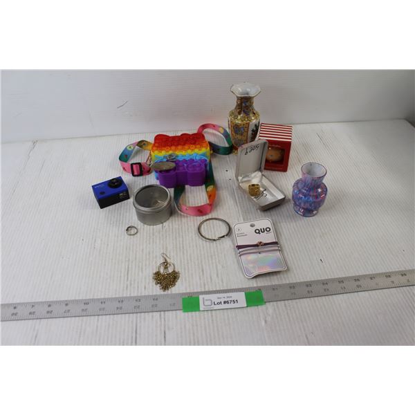 (2) Small Vases, Timbit Ornament, Pop Fidget, Costume Jewelry, Small Vivitar Camera - As Is