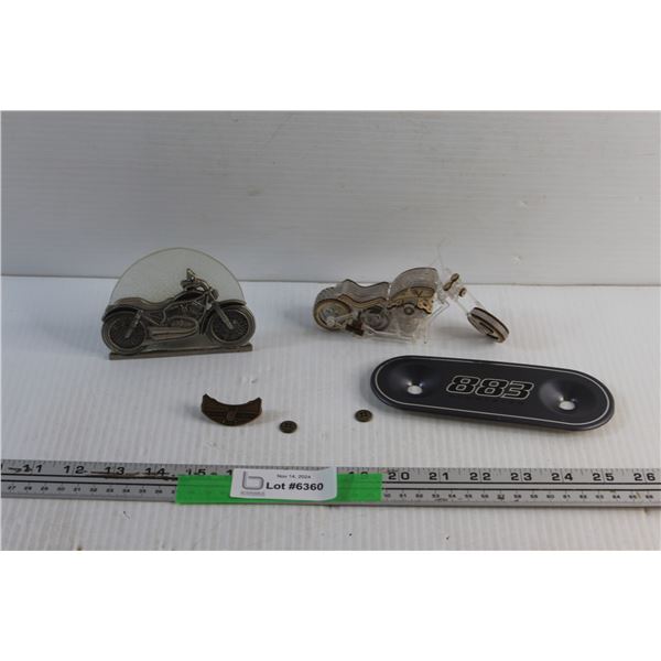 Harley Davidson Engine Plate, Tea Light Holder, Pins and Motorcycle Model