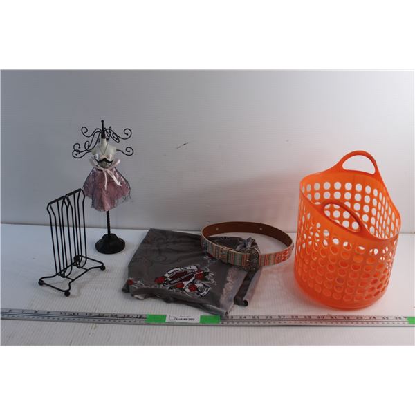 Jewelry Display Racks, Harley Davidson Bandana, Belt and a Plastic Basket