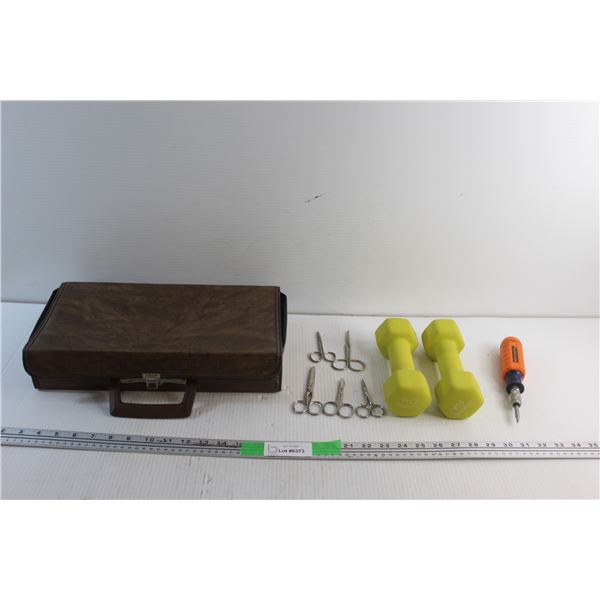 (2) 5lbs Dumbbells, (5) Nail Scissors, Diplomat Case and a Multi Bit Screwdriver