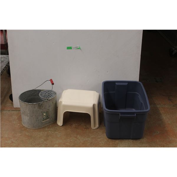 *Galvanized Mop Bucket, Plastic Tote 21'' x 12'' and a Step Stool