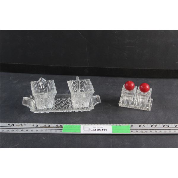 Vintage Art Deco Glass Cream & Sugar Set with Tray and Salt & Pepper Shakers with Tray