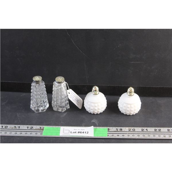Vintage Salt & Pepper Hobnail Milk Glass Shakers and German Crystal Salt & Pepper with Silver Rings 
