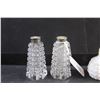 Image 2 : Vintage Salt & Pepper Hobnail Milk Glass Shakers and German Crystal Salt & Pepper with Silver Rings 