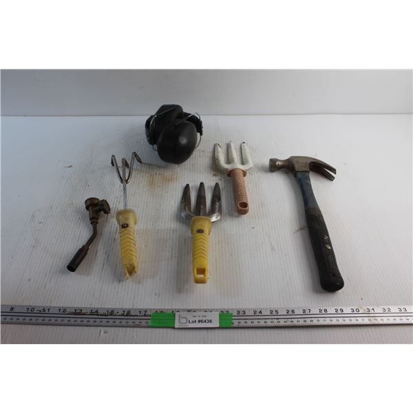 (3) Gardening Forks, Noise Cancelling Construction Headphones, Torch Nozzle and Hammer
