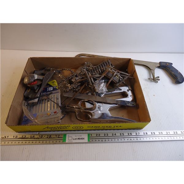 Lot of assorted Tools-(2) Staplers, Magnet, Hacksaw Blades, Chainsaw blade and Misc.