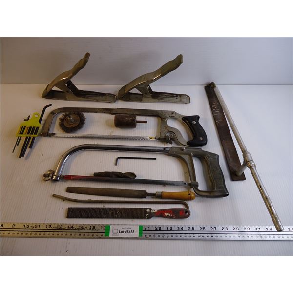Assorted Tools-Clamps, Hacksaws, Files and Misc. Items