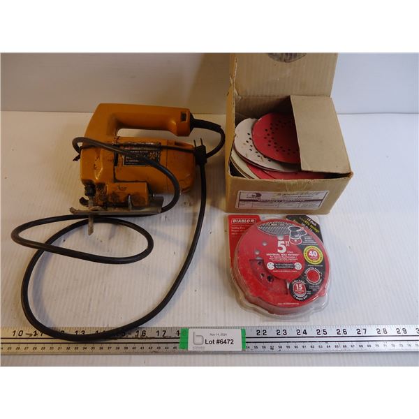 Box of Sanding Discs, Pkg. of Sanding Discs and Electric Jigsaw(powers on)