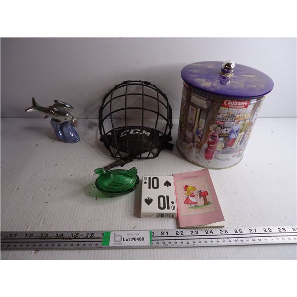 Cadbury Tin, Cards, Hen in Nest, Dolphin Ornament, Hockey Mask, Address Book