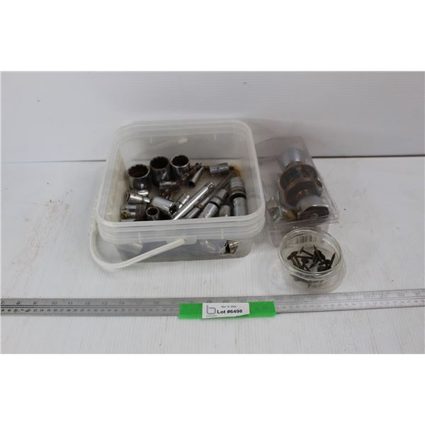 Pail Of Various Sockets- No Snap-On ,Container Of Screws Door Knob,