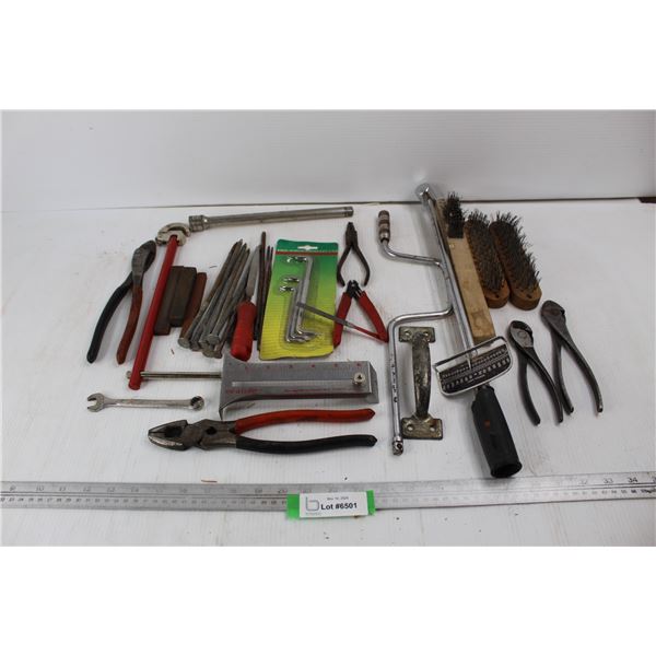 Lot Of Various Tools/ Hardware Items, Pliers, Wire Brushes, Misc.