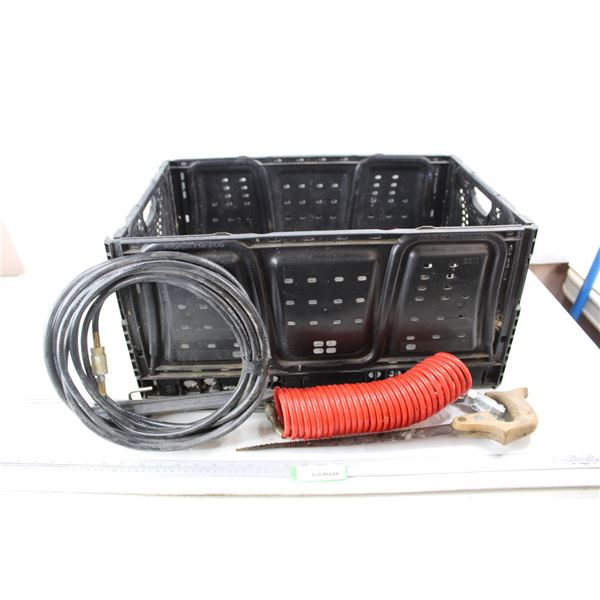 Lot Of Various Hardware Items, Plastic Tote, Air Compressor Hose, Metal Marking Spikes