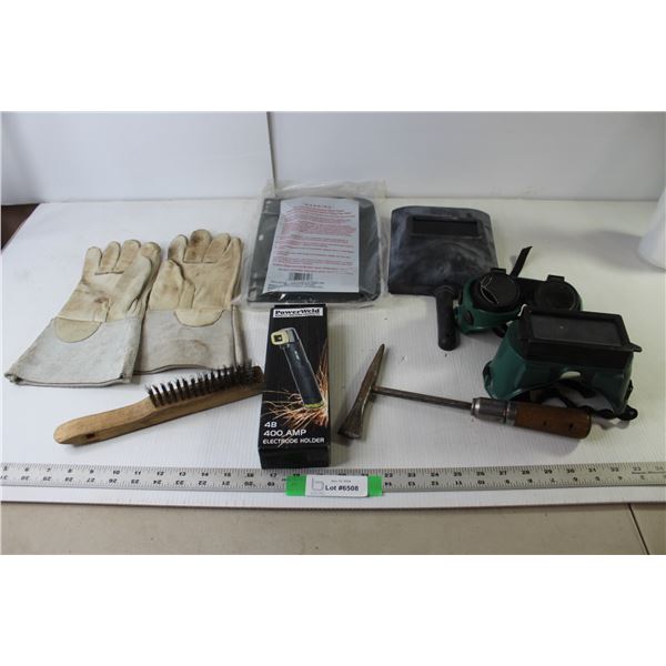 PowerWeld 400 Amp Electrode Holder (NIB), Welding Masks, Metal Hammer, Wire Brush, Pair Welding Glov