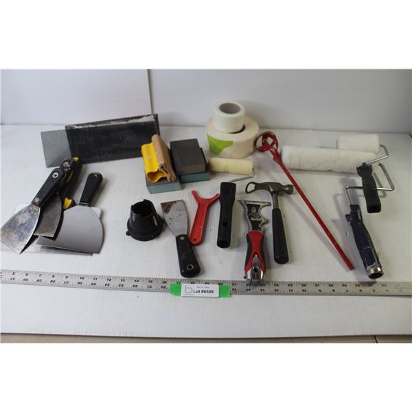 Assorted Wall Repair Items (Sanders, Tape, Mudding Trowels), Paint Rollers, Mixer, Shur-Line 10 In 1