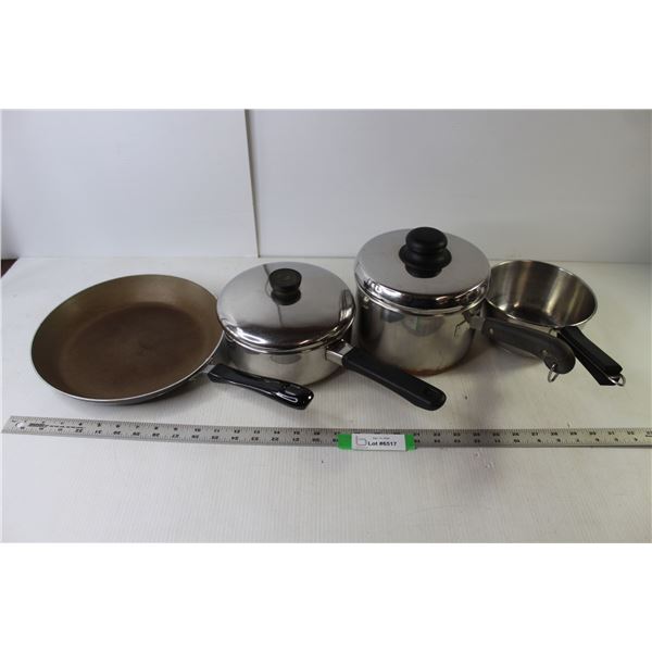 T-Fal Frypan 11" Dia, (3) Sauce Pans (Revere Ware, Lagostina)