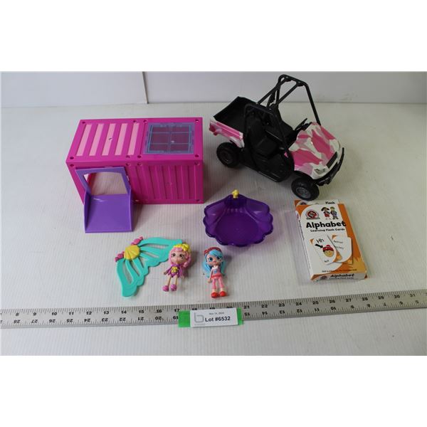 Assorted Children's Toys (Off Road Vehicle, House, Figurines), Alphabet Flash Cards