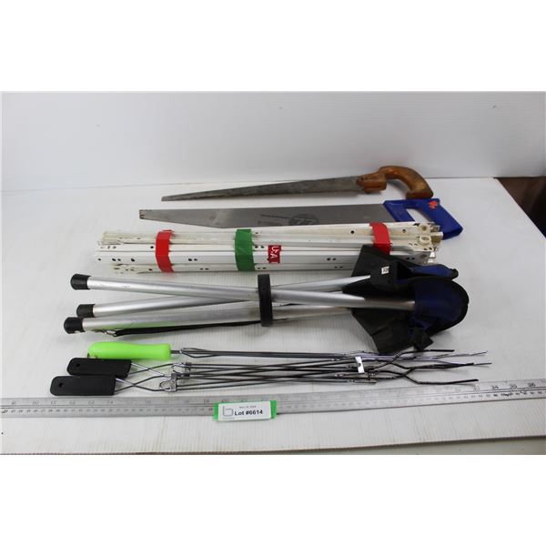Lot Of Various Items, (2) Handsaws, (3) Marshmallow Sticks, Misc.