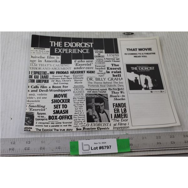 1974 "The Exorcist" Movie Synopsis Sheet - 8 1/2" x 11" Consigner Says Mint Condition