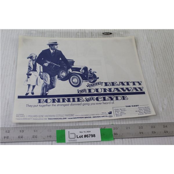 1967 "Bonnie and Clyde" Movie Synopsis Sheet - 8 1/2" x 11" Consigner Says Mint Condition