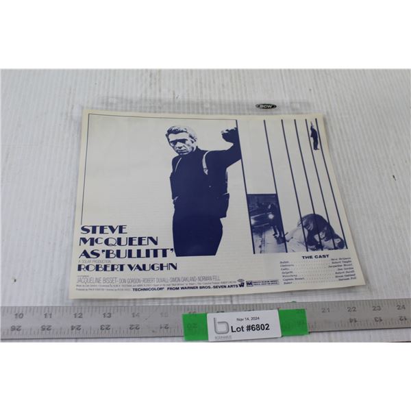 1969 "Bullitt" Movie Synopsis Sheet - 8 1/2" x 11" Consigner Says Mint Condition