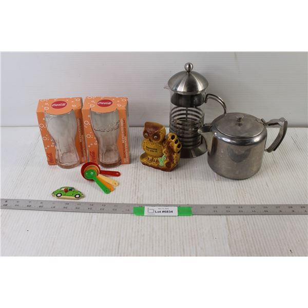 Coffee Percolator, Kettle, Spoon Holders, Measuring Spoons, (2) Coca Cola Glasses
