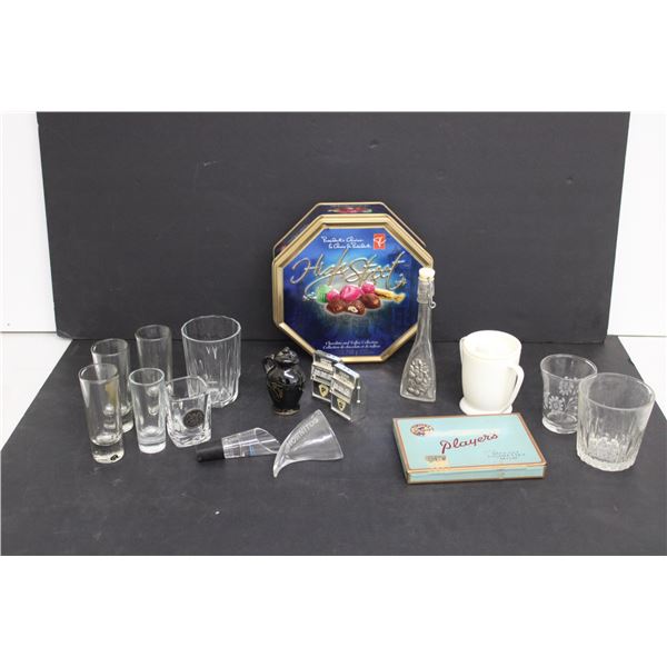 Shot and Liquor Glasses, Cigarette Tin, Chocolate Tin, Salt and Pepper Shakers