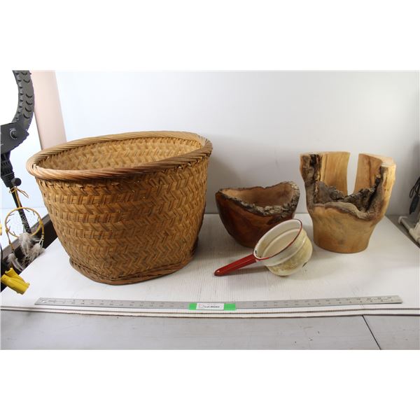 * Wicker Basket, Enamel Pot, (2) Wooden Carvings