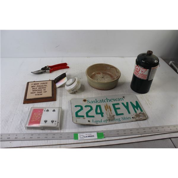 License Plate, Bowl, Propane tank, Cards - As Is, Hedge clippers