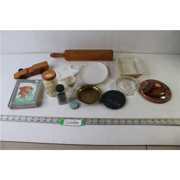 Assorted Vintage/Antique Items (Wooden Car, Ponds Cheeks, Dishes, Rolling Pin, Greeting Cards, Fish 