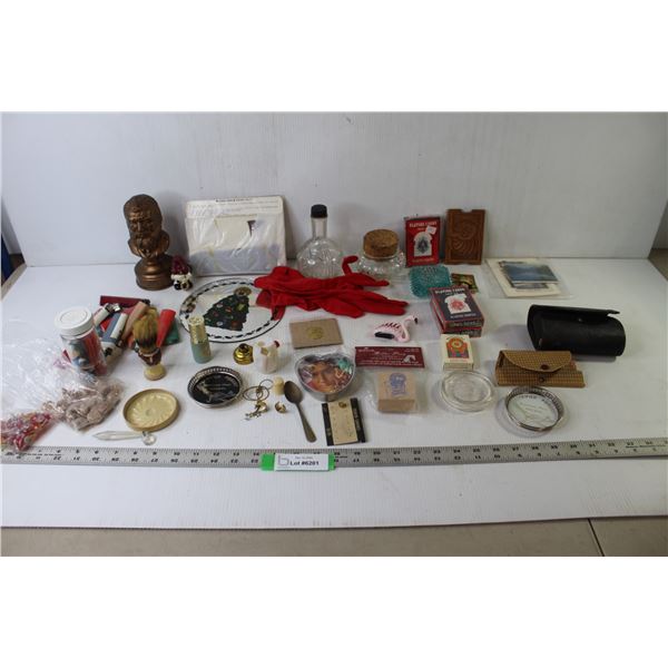 Assorted Vintage/Antique Items (Elvis Heart Tin, Cigarette Lighters, Playing Cards, Dishes, Cards, S