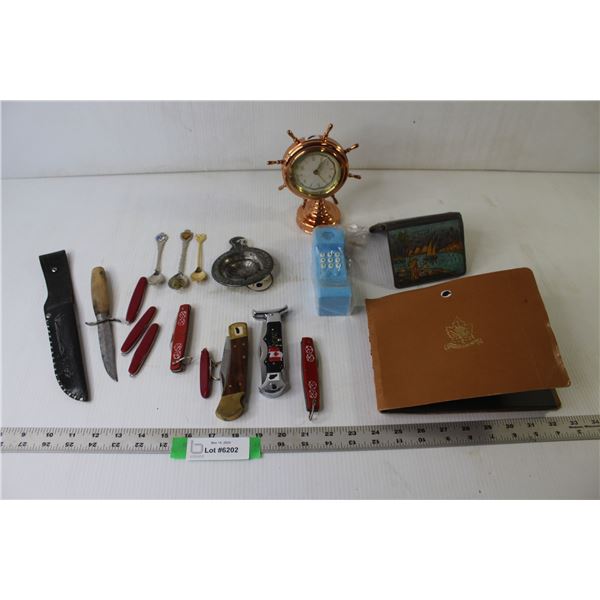 Assorted Vintage/Antique Items (Ornamental Sailor Clock, Egg Separator, Jack Knives, Photo Album "Ca