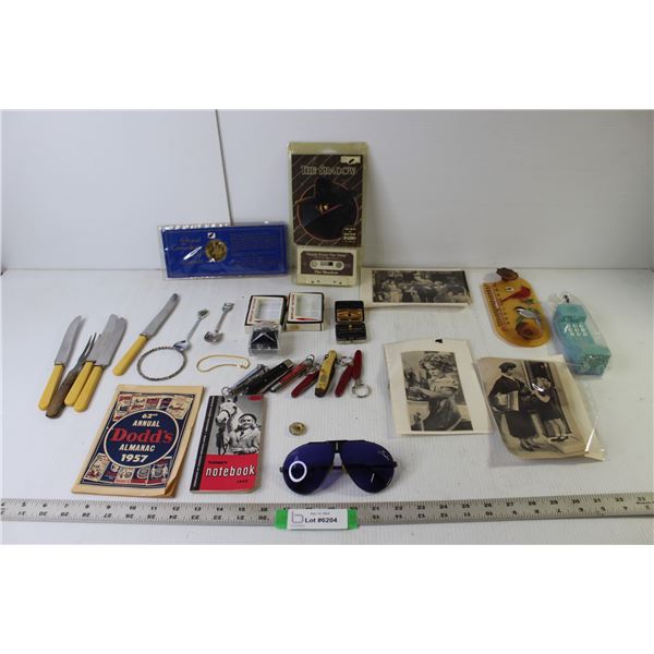 Assorted Vintage/Antique Items (Shirley Temple Pics, "The Shadow" Old Time Radio Cassette, 1957 Alma