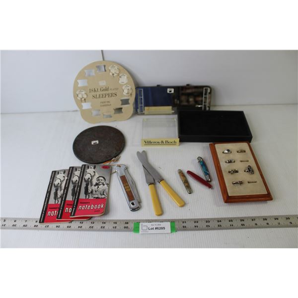 Assorted Vintage/Antique Items (Jewelry, Pocket Knives, Jewelry Storage, Hot Plate, Drivers Mirror, 