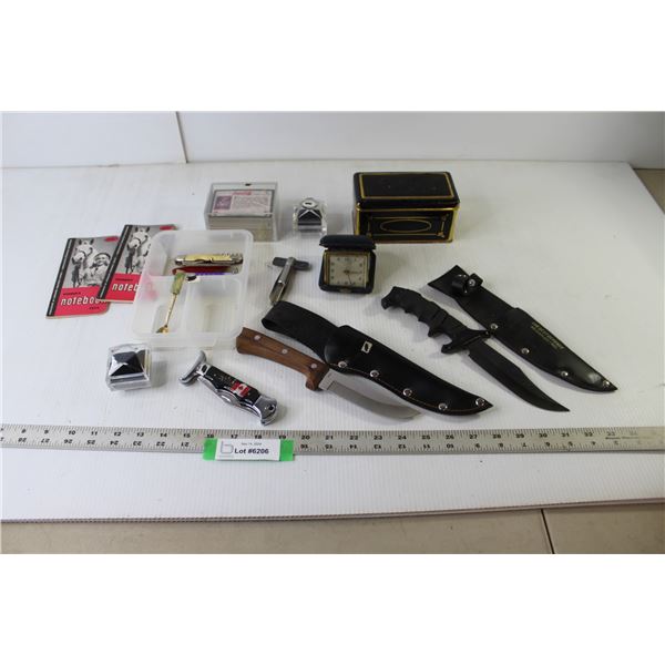 (2) Hunting Knives With Sheathes, Assorted Vintage/Antique Items (Coca-Cola Collector Cards, Pocket 
