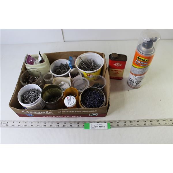 Assorted Nails & Screws, Homax Wall Texture Spray - Orange Peel, Neatsfoot Oil