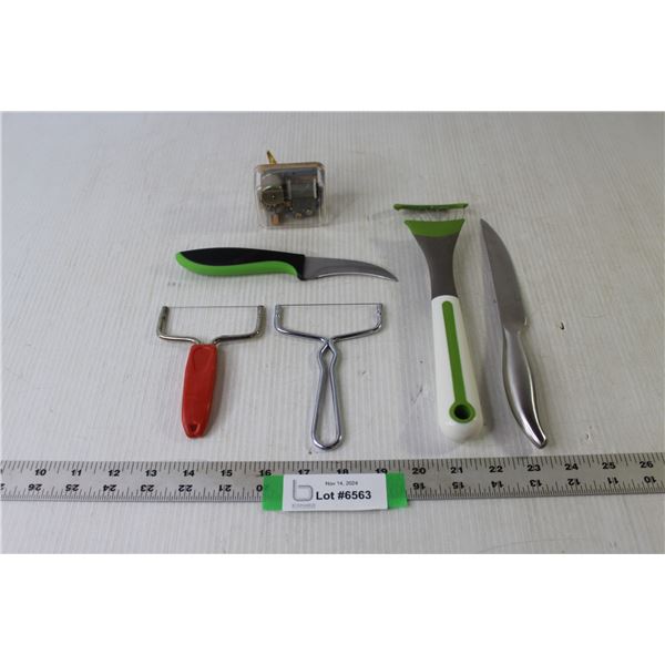 Assorted Kitchen Utensils (Knives, Cheese Slicers), Wind-Up Music Box "Anniversary Waltz" - Working