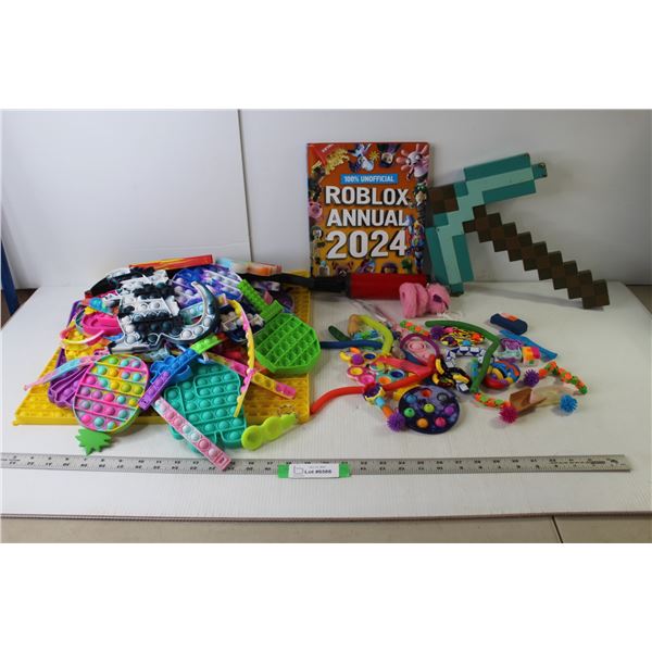 Assorted Children's Toys (Pop-Its, Minecraft, Misc.), Roblox Annual 2024 Book, Small Air Pump