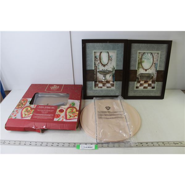 The Chef's Kitchen Pizza Stone Set (NIB), (2) Framed 3D Bathroom Wall Art - 10.25" x 14.5"
