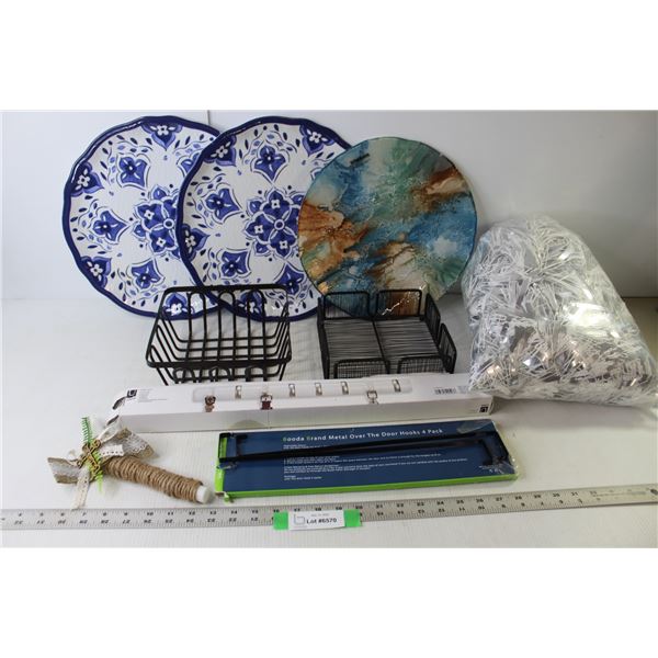 (3) Serving Platters (2 Melaware Plastic 14" Dia, 1 Stokes Glass 13" Dia), (2) Small Metal Baskets, 
