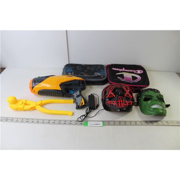 Nerf Dart Tag Toy Gun - No Darts - Working, (2) Costume Masks - Electronic One Works, (2) Lunch Tote