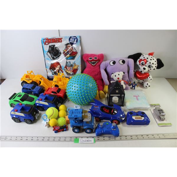 Assorted Children's Toys (Remote Control Cars, Stuffed Toys, Spikey Ball, Plastic Cars & Machines), 