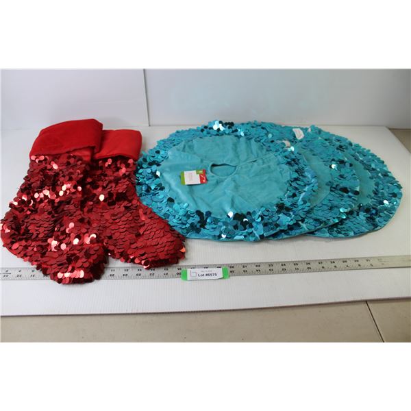 (2) Sequined Mantle Stockings, (3) Sequined Mini Christmas Tree Skirts (NIB)