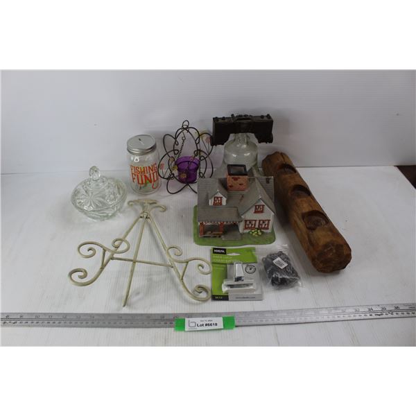 Lot Of Various Items, Crystal Candy Dish w/ Lid, Beaver Log Candle Holder Decor, Misc.