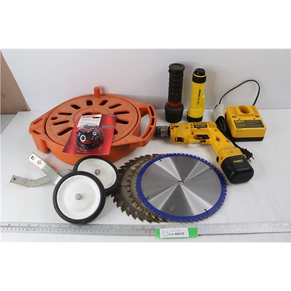 Lot Of Various Hardware Items, DeWalt Heavy Duty 9.6 Volt Battery Operated Drill w/ Charger, Trainin