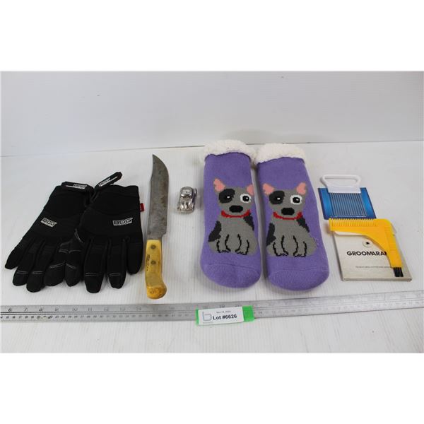 Large Knife w/ Curved Handle, Pair Of Bob Dale Work Gloves, Misc.