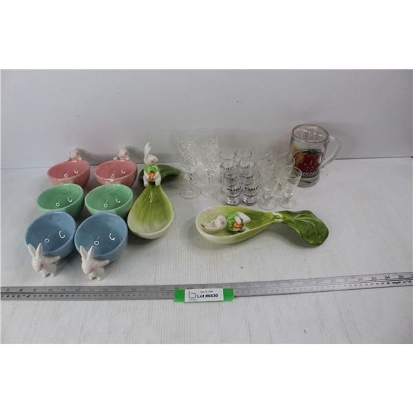 (4) Rabbit Themed Ceramic Ornaments- Some Damage, (17) Various Glasses/ Cups, Polar Ice Vodka, Misc.