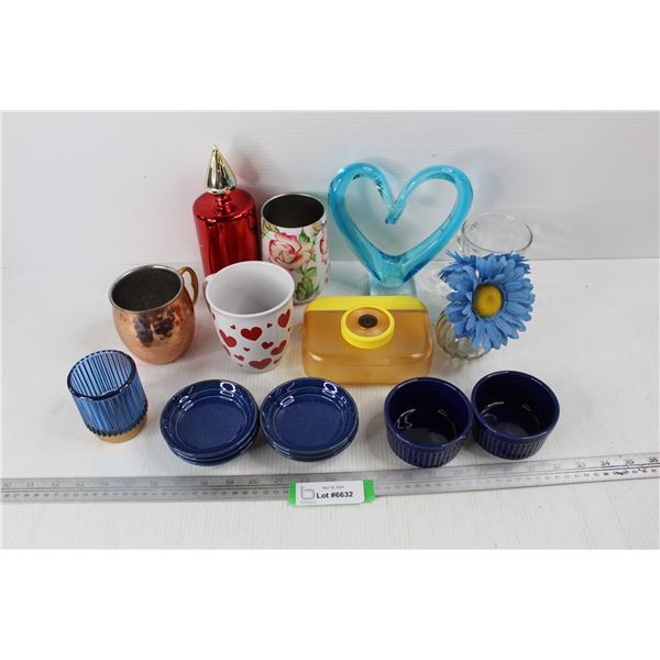 Lot Of Various Cups, Sashes, Misc., Art Glass Heart Decor, (6) Small Blue Plates w/ (2) matching Bow