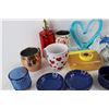 Image 2 : Lot Of Various Cups, Sashes, Misc., Art Glass Heart Decor, (6) Small Blue Plates w/ (2) matching Bow