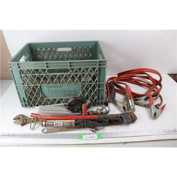 Lot Of Various Tools, Crescent Wrenches, Shop Jack Handle, Jumper Cables, Milk Crate, Misc.
